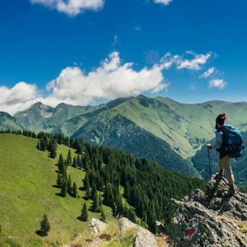 person hiking in front of a mountain